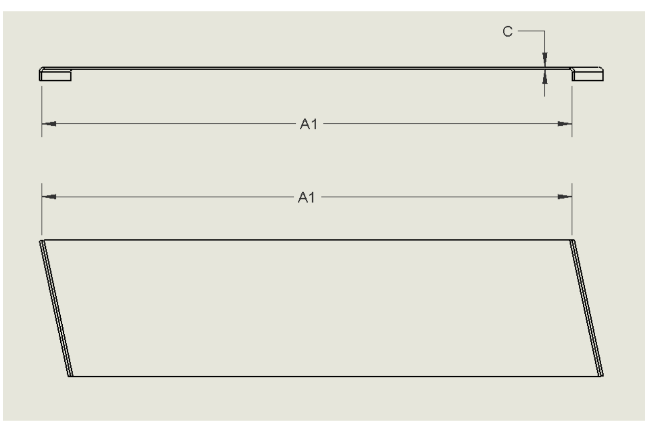 Glide plate drawing showing the A1 dimension measured inside bend to inside bend, with C indicating plate thickness