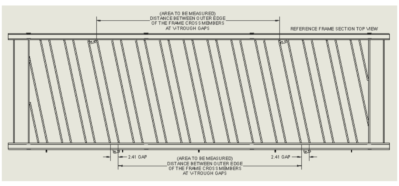 Reference frame section top view showing the area to be measured between frame cross members at the V-Trough gaps